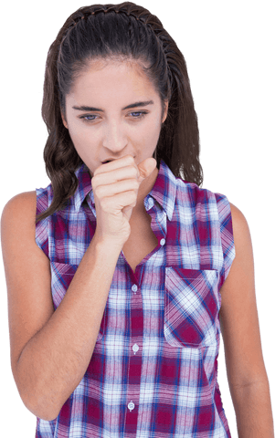 Transparent Young Woman Coughing in Plaid Shirt