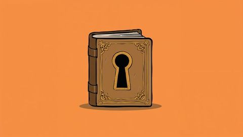 Ornate book with keyhole against orange background