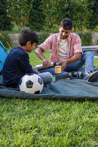 Father and son bonding in backyard during picnic time