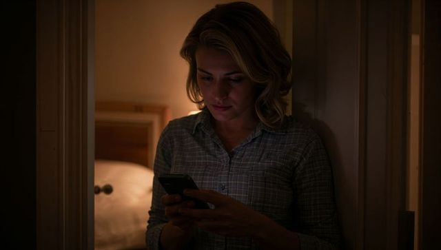 Young woman checking smartphone at night in dim bedroom doorway, leaning and texting