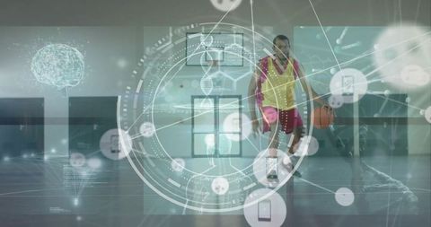 Basketball player dribbling under augmented reality hud with digital analytics overlay