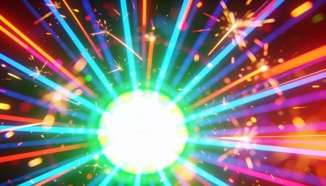 Radiating neon starburst with colorful rays, spark particles and glowing bokeh