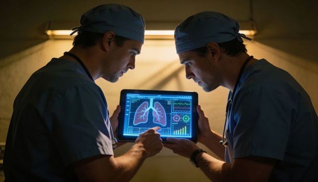 Two surgeons examining digital lung scan on tablet during critical care collaboration