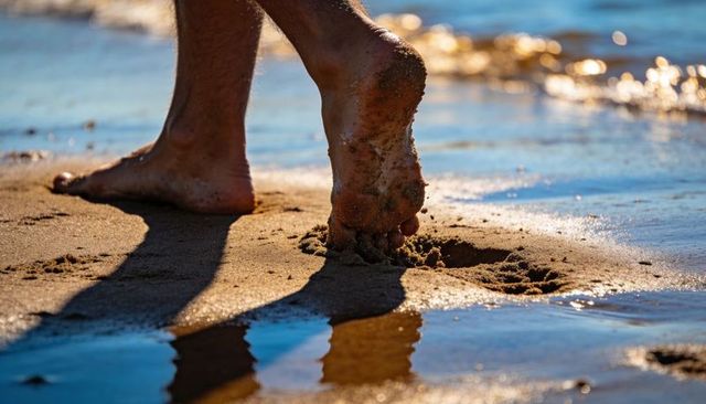 Stepping barefoot into wet sand leaving fresh footprint at sunlit shoreline