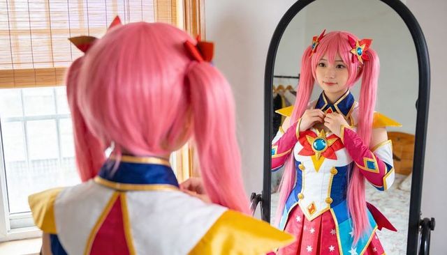 Cosplayer adjusting magical girl costume in mirror with pink twintail wig and star brooch