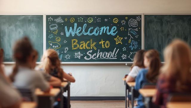 Welcome back to school chalkboard in classroom with students