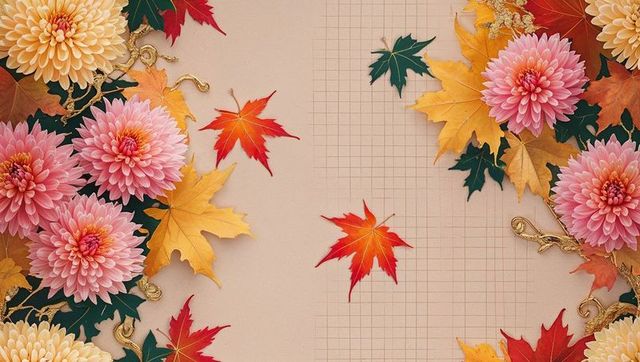 Floral and maple leaf layout with chrysanthemums on grid journal