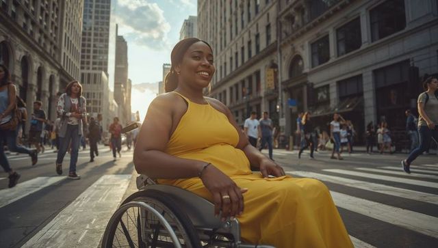 Confident Woman in Wheelchair Wearing Yellow in Bustling City Crosswalk