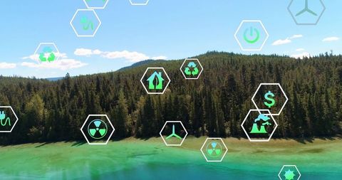 Turquoise Mountain Lake with Eco Energy Icons Symbolizing Sustainability