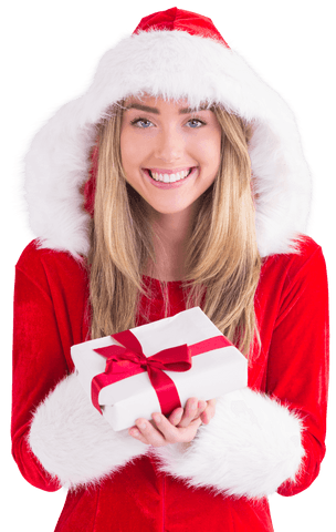 Smiling Santa Claus Woman Holding Festive Gift Box on Transparent Background