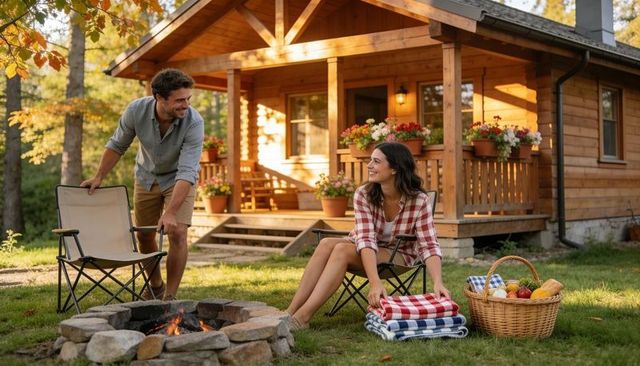 Couple enjoying autumn cabin getaway sitting by campfire smiling with picnic basket