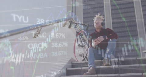 Albino Man Listening to Music with Stock Market Data Overlay