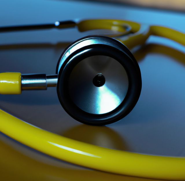 Image of close up with detail of yellow stethoscope on blue background. Medicine, doctors and healthcare services concept.