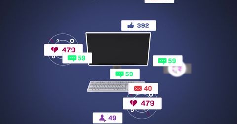 Social Media Engagement Around Desktop Monitor With Digital Icons