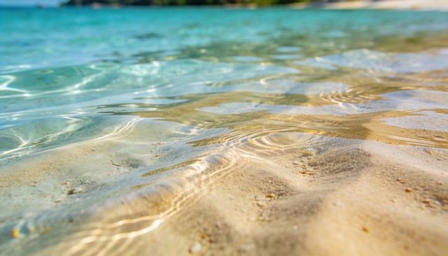 Sunlit turquoise shallow water revealing rippled golden sandy seabed and caustic light