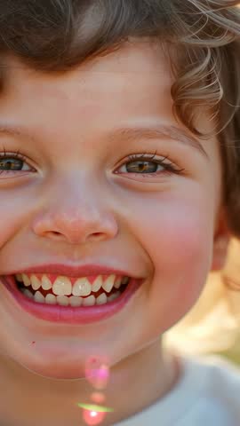 Vertical video smiling child squinting in sunlight with lens flare closeup portrait