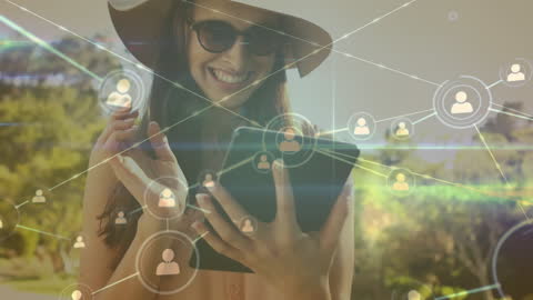 Smiling Woman with Tablet Interacting with Virtual Network Outdoors