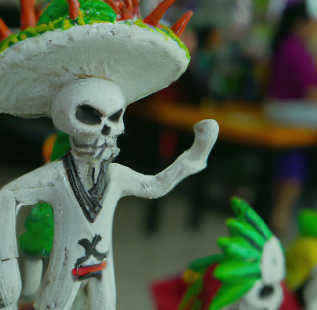 Skeleton figurine wearing colorful festive hat participating in Day of the Dead celebration. Figurine standing with raised arm, embodying traditional Mexican culture. Ideal for articles or promotions related to Day of the Dead, cultural heritage, traditional festivals, Mexican holiday decorations.