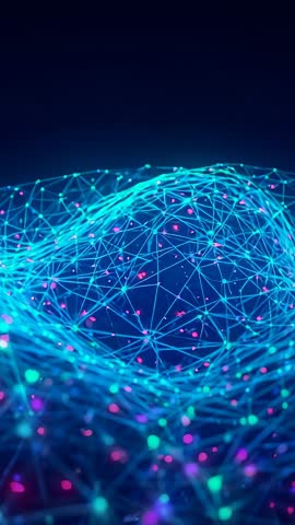 Emerging network wave rippling through digital void with glowing nodes vertical video