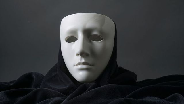Porcelain white full-face mask draped in black velvet dramatic chiaroscuro portrait