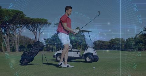 Leisurely Golfer in Red Preparing Swing on Sundrenched Course