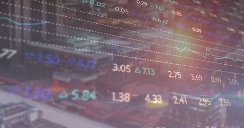 Stock Market Data Overlay on Urban Cityscape at Dusk