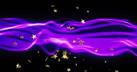 Abstract purple wave with floating golden stars on black