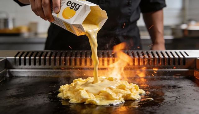 Chef pouring liquid eggs onto flaming griddle, creating sizzling scrambled eggs with sparks