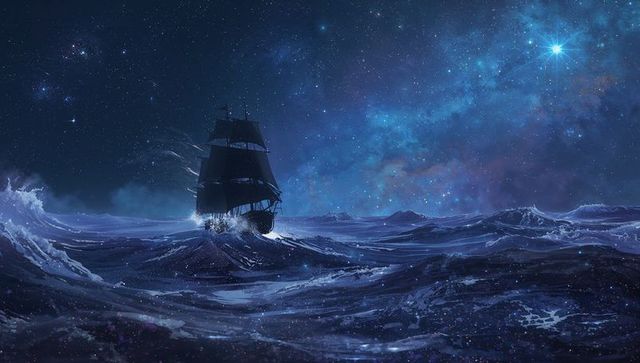 Magical Night Voyage of a Ship Through Ocean Waves and Glowing Nebula