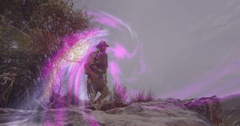 Hiker exploring rocky outcrop with enchanting purple swirl effect