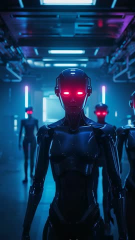 Lead android guiding cybernetic squad down neon corridor in vertical futuristic patrol video