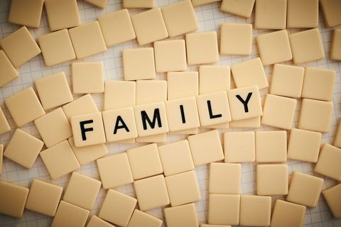 Family concept with word tiles on puzzle board