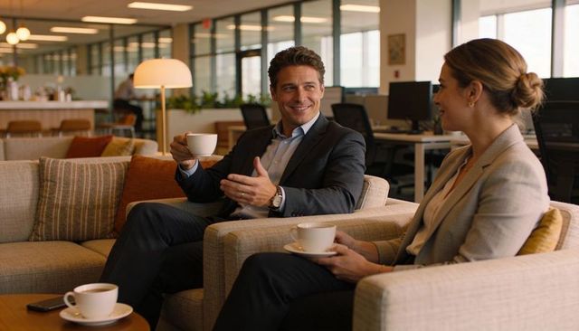Colleagues networking over coffee in modern office lounge
