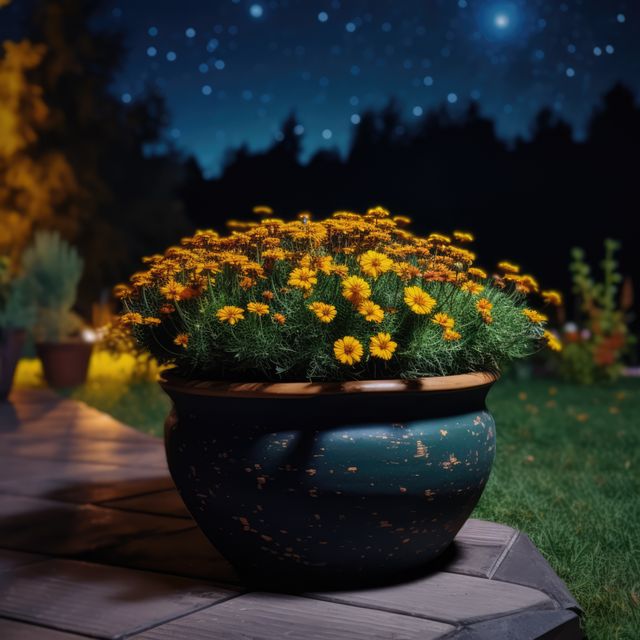 Night scene of bright yellow flowers in a pot on a patio, with a starry sky in the background. Ideal for backgrounds, gardening blogs, night-themed projects, decorating tips, and nature-related publications.