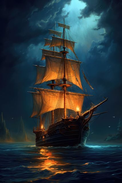 A majestic sailing ship braves the tumultuous sea at night. Illuminated by moonlight, the vessel's journey evokes the age of exploration and maritime adventure.