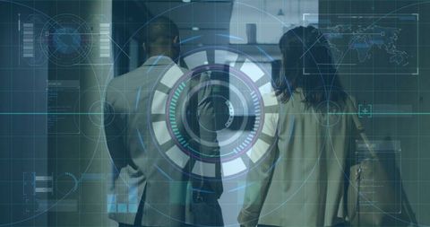 Colleagues Enter Office with Futuristic Data Overlay