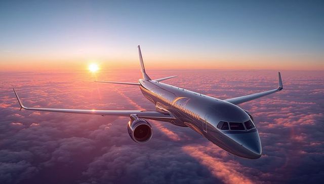 Modern passenger jet flying over glowing cloudscape at sunrise reflecting golden light