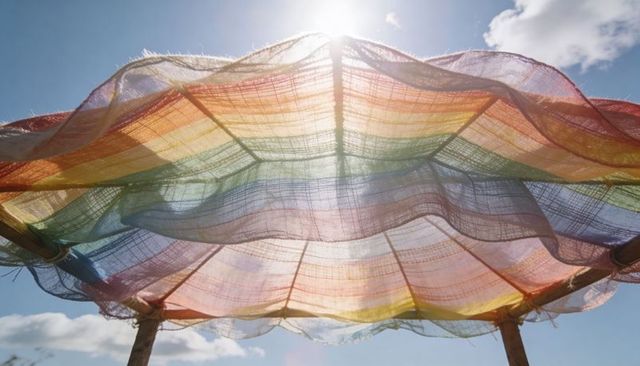 Glowing sheer rainbow canopy filtering sunlight over clear blue sky with wooden poles