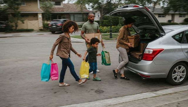 Family unloading groceries and boxes into silver sedan at suburban curb