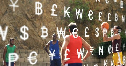 Urban basketball players shooting and defending with floating currency symbols overlay