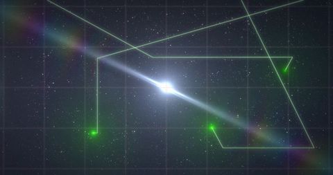Bright star emitting prism beam with neon polygon hud and green navigation nodes