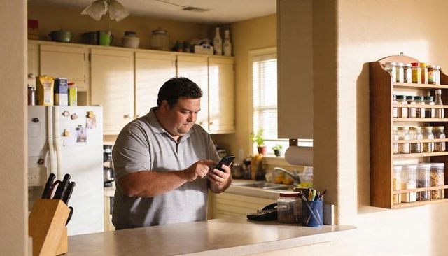 Middle-aged man checking smartphone at sunlit kitchen breakfast bar, casual home routine