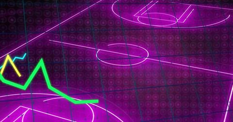 Featuring Neon Court Geometry, Electric Grid and Jagged Line Graph on Glossy Futuristic Surface