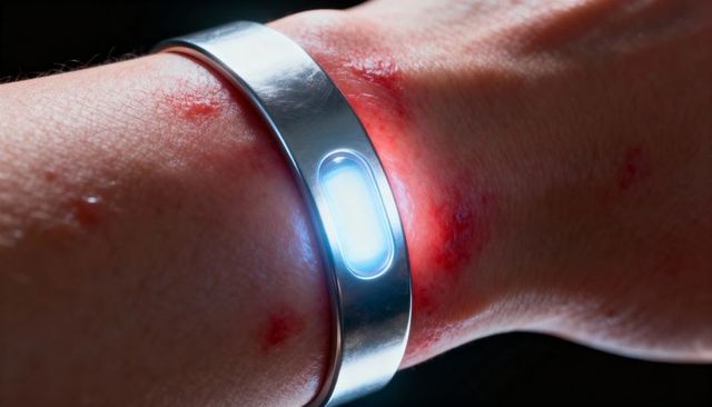 Wrist showing red rash caused by glowing metal fitness tracker causing skin irritation