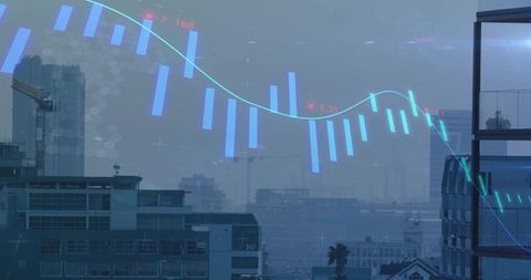 Urban skyline receiving financial data overlay with cyan candlestick and analytics graph