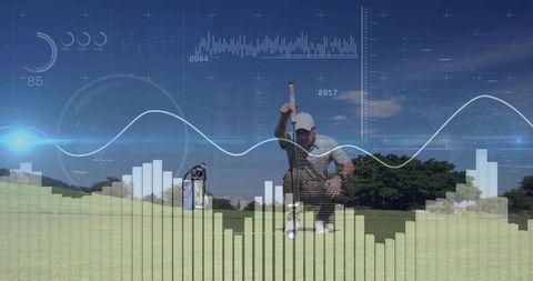 Golfer Analyzing Putt with Data Visualization Overlays