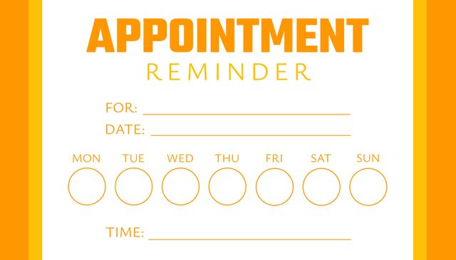This bright and visually engaging appointment reminder template featuring a calendar and time slot is perfect for businesses or individuals who need to stay organized. Use this template for scheduling meetings, healthcare appointments, or everyday planning. It is suitable for use in personal planners, business settings, or digital applications to ensure punctuality and effective time management.