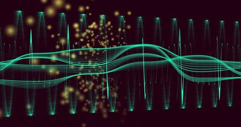 Flowing Teal Waveform Ribbons and Neon Spikes with Gold Bokeh for Data Visualization