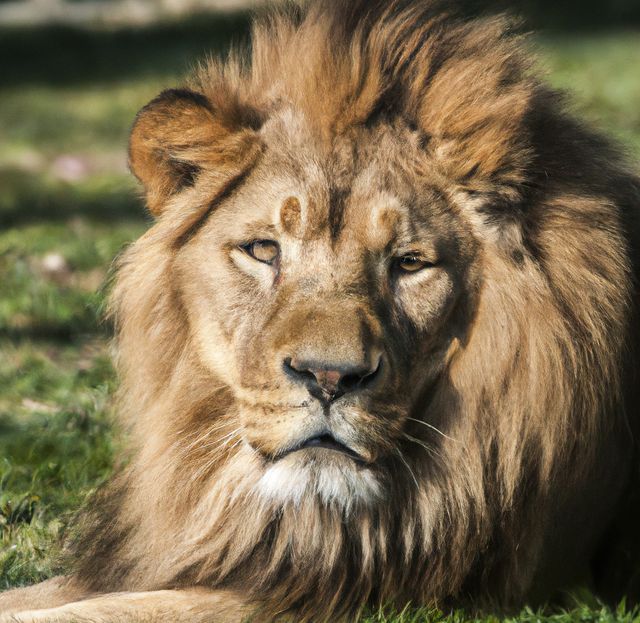This image captures a close-up of a majestic male lion resting on the grass under sunlight. Ideal for educational material, wildlife blogs, conservation projects, zoo promotions, and nature-themed publications. The lion’s calm demeanor makes it suitable for conveying tranquility, power, and the beauty of wildlife.
