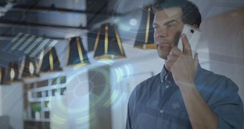 Caucasian Man Communicating on Smartphone with Digital Overlay